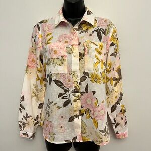 Lord & Taylor Floral Linen Button Down Long Sleeve Shirt, Size Small